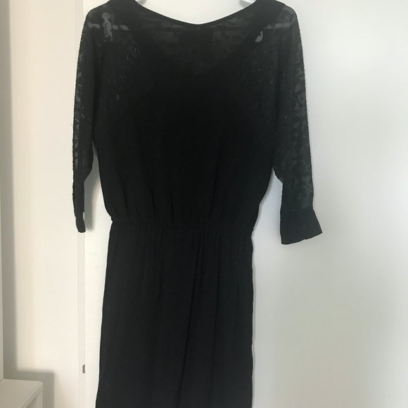 71 Stanton Jacquard Chiffon Black Dress w/ Pockets - Picture 2 of 4